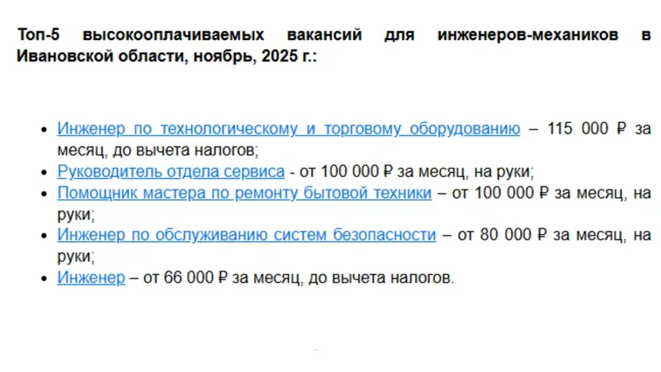 Озвучены самые лучшие вакансии для инженеров в Ивановской области